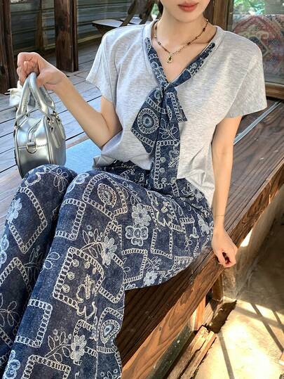 DAZY Women's V-Neck Short Sleeve Printed Ribbon Patchwork Tie Front Top And Loose Wide Leg Pants Vacation Style 2 Pieces Set