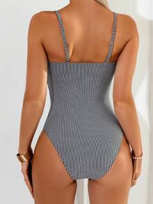 Swim Chiccia Maillot de bain une pièce sexy en tissu rayé avec décoration de perles pour les vacances à la plage - Noir et Blanc - Voir 2