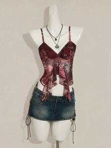 SHEIN ICON Spaghetti Strap V-Neck Ruffle Trim Fitted Summer Fashion Tank Top - Burgundy - View 3