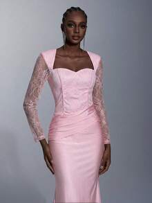 Elitara 优雅、浪漫、时尚、粉色、蕾丝拼接、弹力面料、长袖、褶皱装饰、鱼尾下摆、拖尾、网红、节日、度假、生日派对、婚礼、伴娘礼服 - 淺粉色 - 查看 4