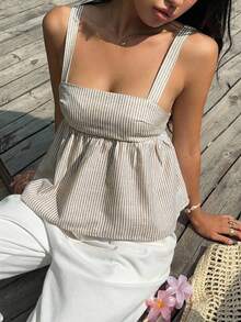 Aloruh Women's Vacation Casual Striped Backless Tie Strap Camisole - Khaki - View 3