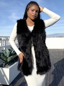 Tyla Gomez Elegant Women Black Faux Fur Vest Sleeveless Regular Length V Neck Jacket Stylish And Comfortable For Any Occasion - Black - View 3