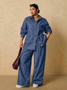 SHEIN Tall CURVE 大码女式长袖单排扣系带衬衫搭配阔腿牛仔裤休闲两件套，适合冬季、圣诞节、新年、感恩节、通勤、度假、毕业典礼等场合，兼具时尚感和Y2K风格，可爱街头风，适合派对、婚礼、商务休闲等各种场合。舒适的牛仔两件套，休闲长袖上衣搭配抽绳腰带阔腿牛仔裤，适合节日聚会等日常穿着。 - 中等水洗藍 - 查看 7