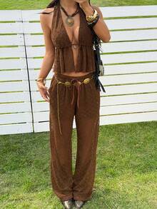 SHEIN EZwear New Summer Music Festival Brown Mesh Halter Top & Pants Set For Women - Coffee Brown - View 2