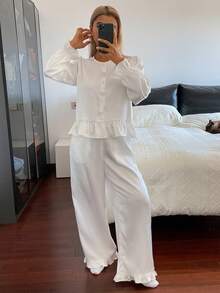 DAZY 缎面花卉装饰荷叶边下摆女士睡衣套装 - 白色 - 查看 5