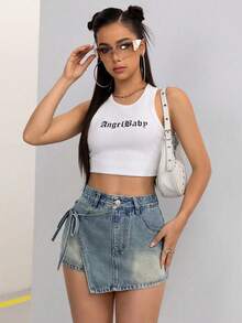SHEIN EZwear 女士休闲牛仔短裤，斜插口袋，打结设计 - 中等水洗藍 - 查看 3