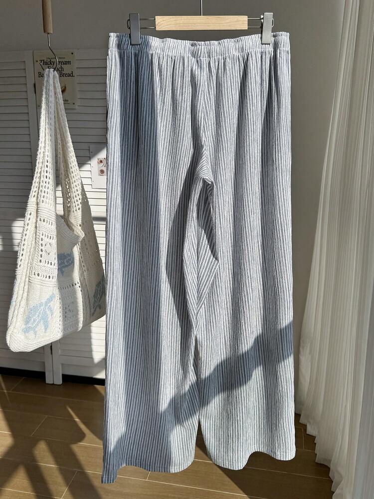 Comfortcana Plus Size Striped Casual Drawstring Pants, Spring/Summer - Blue - View 2