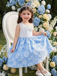 SHEIN 女童白色3D立体花朵与天蓝色印花连衣裙，优雅、时尚、可爱、舒适、简约，适合派对、郊游、度假、休闲娱乐等场合。 - 彩色 - 查看 11