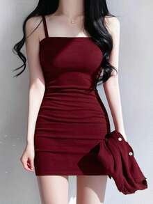 DAZY Ladies' Single Breasted Long Sleeve Top And Cami Dress Set Summer, Women Two Pieces Sets Lounge Sets For Women - Burgundy - View 3