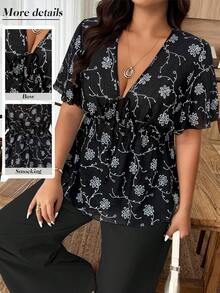 Ceyna Damen-Bluse in großen Größen, schwarz-weiß, französischer Lässigstil, Jacquard, Kurzarm, Sommer, Boho, elegant, Urlaubs-Look, modernes Oberteil - Schwarz - Übersicht 3
