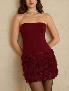 Aveloria Revavyn 3D Floral Patchwork Textured Bodycon Sexy Bandeau Mini Dress - Burgundy - View 1