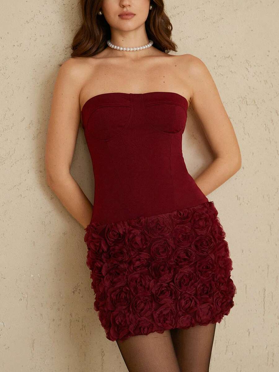 Aveloria Revavyn 3D Floral Patchwork Textured Bodycon Sexy Bandeau Mini Dress - Burgundy - View 1