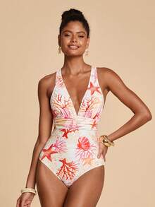 Travachic 1pc Women's Starfish & Shell Print One-Piece Swimsuit,Orange And White,Summer,Jamican,Pool Party,Vacation,Holiday,Beach Outfits,Elegant,Y2k,Ocean - Multicolor - View 4