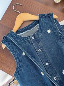 SHEIN Genkimix Kids 大码女童休闲时尚简约百搭深蓝色水洗牛仔长裙 - 藍色 - 查看 3