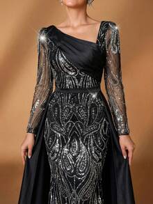 Serin 优雅奢华的刺绣亮片拼接缎面袖美人鱼长裙，蓬松裙摆，适合婚礼、活动、派对、度假、舞会、新娘母亲正式礼服等场合。 - 黑色 - 查看 4