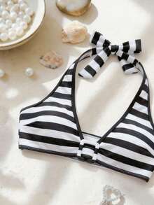 Swim Vcay Women's Vacation Beach Striped Swimsuit Set - Black and White - View 4