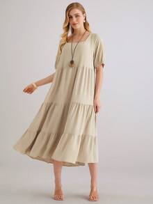 Parysyn Plus Size Elegant Women's Solid Color Square Neck Short Sleeve Tiered Hem Midi Dress Soft Breathable Casual Summer Dress Dresses For Women Summer Beige Dress For Women Long Casual Dress Khaki Dress Women Casual Long Dress Beige Dresses Women Dresses For Women Summer Summer Modest Dress - Apricot - View 4