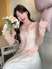 DAZY Women's Pink Soft & Sweet Ruffled Hem Korean Style Long Sleeve Knit Sweater - Baby Pink - View 8