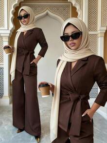 SHEIN Elenzya 女式咖啡棕色双层弹力 V 领裹胸系带腰部设计优雅职业装，适合工作、万圣节、办公室、秋季 2 件套：长袖系带上衣和宽松直筒裤 - 咖啡棕 - 查看 3