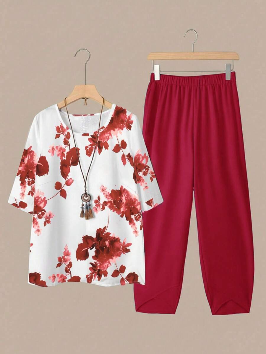 Linhara 大码女装夏季休闲日常圆领印花短袖上衣和松紧腰裤两件套 - 紅色 - 查看 1