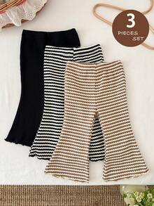 SHEIN LMoss  3pcs Baby Girl Knitted Solid Striped Casual Flare Pants Set - Multicolor - View 7
