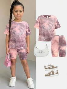 2件套女童扎染印花针织T恤+打底裤套装，休闲、日常、时尚、百搭、复古风，适合外出、姐妹合照、公园、露营、旅行、派对等场合。 - 粉色 - 查看 1