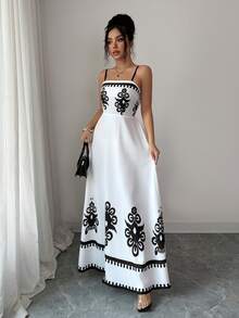Elenzga Đầm maxi chữ A nữ màu đen trắng thời trang và thanh lịch, họa tiết in nổi, dây thun co giãn điều chỉnh được, phù hợp cho công sở, dạo phố, phong cách lãng mạn Pháp, thường ngày, retro Trung Đông, tiệc trà chiều, dự tiệc, mùa tựu trường, xuân/hè. - Đen và trắng - Xem 5