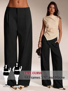 SHEIN Tall CURVE 大码女式纯色牙签条纹宽松阔腿休闲裤 - 黑色 - 查看 3