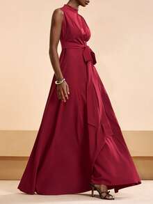 Zivah 2026 Spring & Summer New Arrival, Suitable For Valentine's Day, Wedding Season, Music Festival, Easter, Western Style, Nomadic Style, Bohemian, Nashville, Party, Wedding, Gala, Date, Gathering, Birthday, College Style, Student Wear, Daily Casual, Basic Versatile, Casual, Vacation, Cruise Travel, Beach, Sunbathing, Trending, Elegant, Commute, Business Casual, Small Stand Collar, Front Pleated, Waist Tie, Flowy, Fitted Long Dress, Wine Red Dress, Spring & Summer Dress, Party Dress, Elegant Dress, Women Dress - Burgundy - View 3