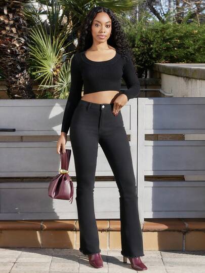 Yess Loren 女式复古弹力喇叭牛仔裤，女士休闲纽扣、口袋、毛边下摆、破洞、拉链高腰喇叭腿超长黑色曲线常规版型女式牛仔裤，春/秋，休闲日常穿着