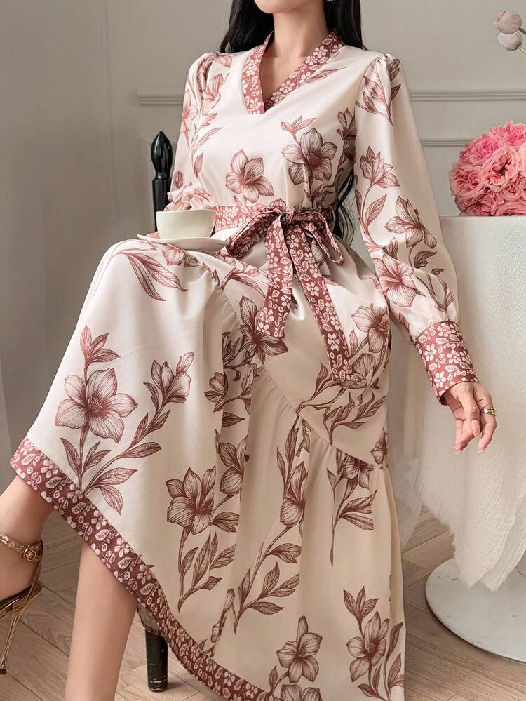 Women's V-Neck Loose Waist A-Line Elegant Long Dress Sundress Floral Dresses For Women