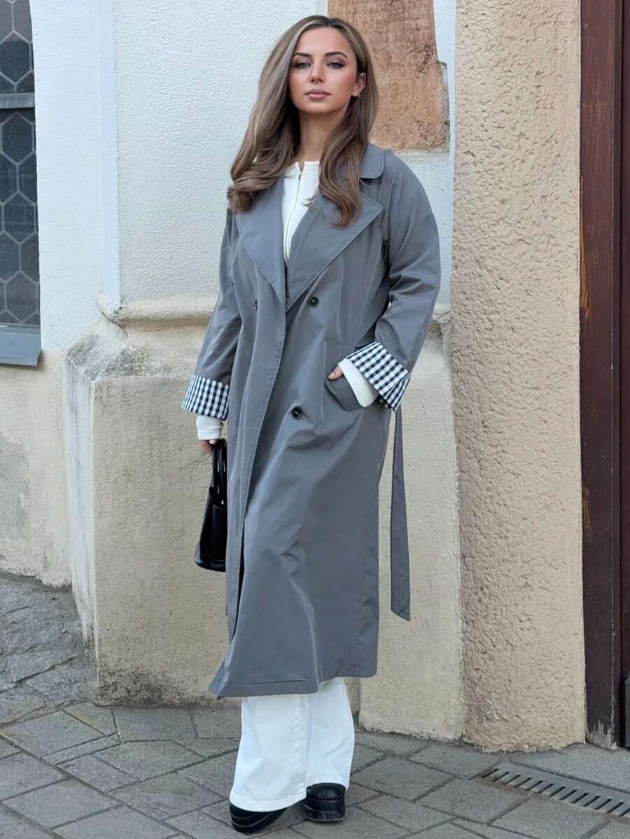 Jeta Ari Loose Lapel Double-Breasted Long Sleeve Plaid Patchwork Women Trench Coat - Grey - View 1
