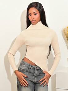 Mima John Asymmetrical Hem Ribbed Knit Sweater Elegant Spring Vacation Cute Sexy 90's Summer Holiday Graduation Wedding Guest Fall Autumn Winter Everyday Christmas Thanksgiving Chic - Apricot - View 3