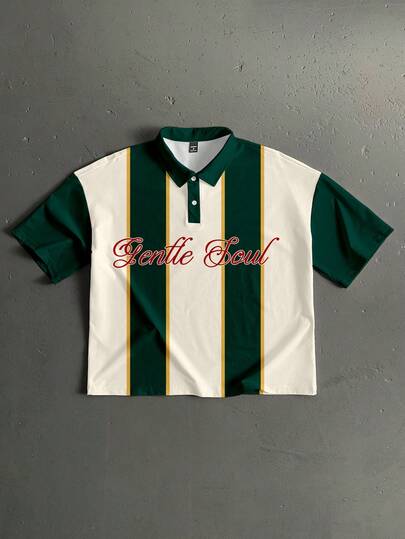 StoneGrade American Preppy Style Contrast Striped Print Loose Cropped T-Shirt For Men, Essential For Dates And Gatherings, Fashionable Couple Gift For Boyfriend