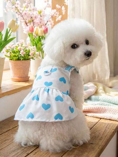 PETSIN 可爱兔耳朵装饰轻盈透气宠物连衣裙，饰有爱心印花，红色，适合春夏穿着