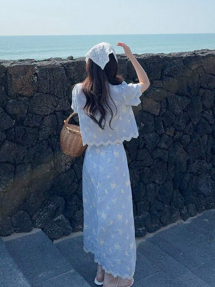 Women's Striped Short Puff Sleeve Tassel Front Tie Blouse And Skirt Casual 2 Pieces Set Summer