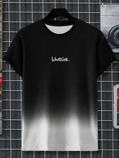 Manfinity Dauomo Camiseta de cuello redondo para hombre, estampado degradado clásico en negro y blanco, diseño gráfico con letras, estilo casual elevado, uso versátil diario, verano