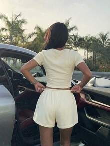SHEIN Muchic 芥末黄针织修身女士家居服套装 - 鵝黃色 - 查看 2