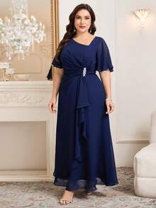 Ellevyn Đầm dài màu xanh dương thanh lịch dành cho nữ cỡ lớn, đính đá lấp lánh, tay ngắn, vạt bất đối xứng, đầm tay ngắn mùa hè. - Màu xanh lam - Xem 5