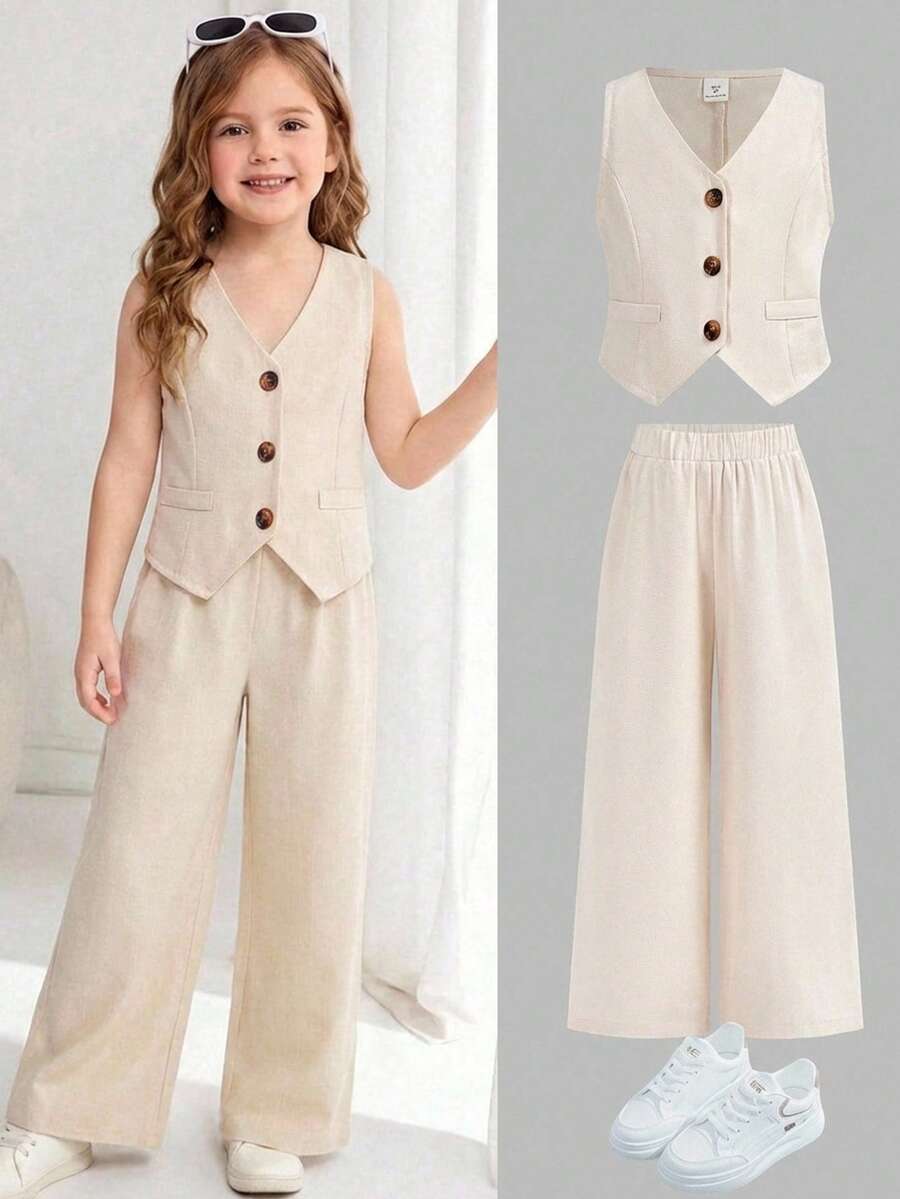 Firerie Kids 2pcs/Set Young Girls Apricot Linen-Like Blazer Vest + Loose Straight Leg Pants, Versatile Commuter Urban Girl Fashion Outfit, Cute Casual Everyday Wear - Apricot - View 1