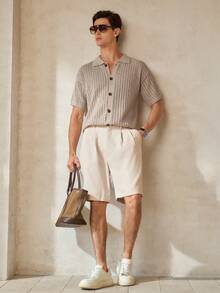 RONVEXI 男士夏季度假款前开襟镂空针织衬衫 - 杏色 - 查看 6