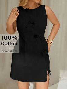 Auralis 2025新款大码女装连衣裙：波西米亚风办公室女神迷你连衣裙 - 亚麻棉混纺米色无袖连衣裙，饰有蝴蝶结，A字版型，适合夏季工作日到周末的各种场合，度假装扮，女士夏季服装，女士夏季连衣裙，波西米亚风女装 - 黑色 - 查看 5