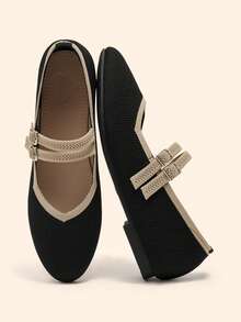 CUCCOO BASICS Women's Round Toe Flat Black Knit Slip-On Sandals With Double Strap & Buckle Closure, Comfortable Breathable Casual Commuter Versatile Mary Jane Shoes Valentine's Day - Black - View 2