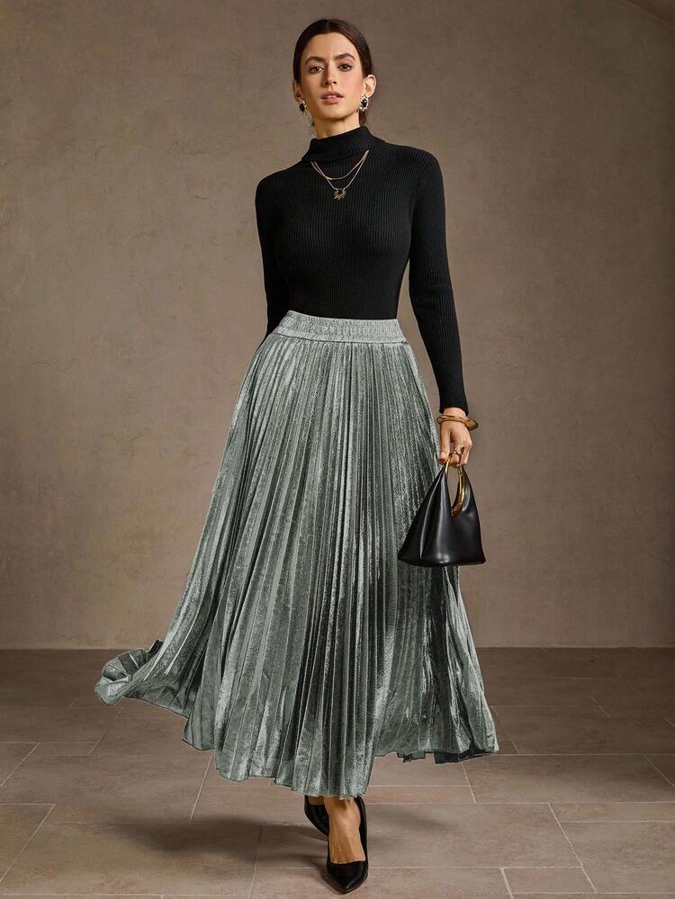 WOMEN'S VINTAGE METALLIC PLEATED ELASTIC HIGH WAIST A-LINE SKIRT