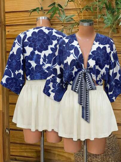 Lunelith SHEIN Lunessa 印花V领插肩袖撞色褶皱系带短款女式衬衫