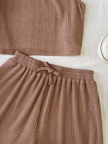 SHEIN Tween Girl Knit Textured Crew Neck Loose Fit Tank Top And Shorts Set - Brown - View 4