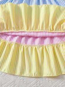 SHEIN Vintaside Kids 女童彩虹条纹撞色短袖公主蛋糕连衣裙，休闲日常/海滩度假装，夏季 - 彩色 - 查看 5