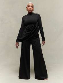 Vixey 李子色纯色针织单肩垂褶阔腿连体裤 - 黑色 - 查看 1