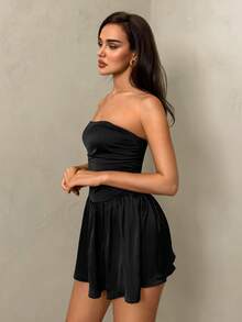 Glamine 女士缎面抹胸连衣裙，优雅名媛A字迷你连衣裙，派对鸡尾酒会礼服，日常穿着 - 黑色 - 查看 6