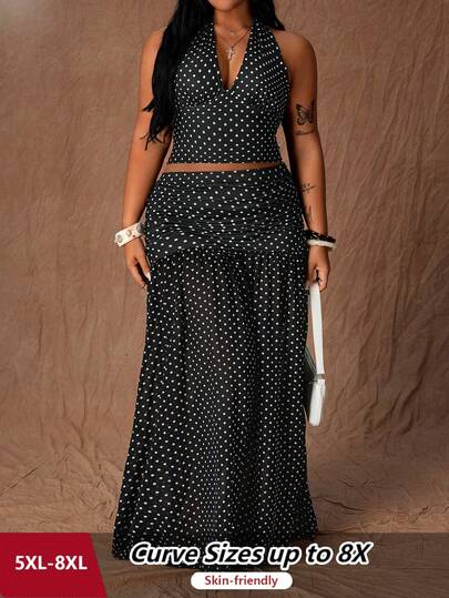 SHEIN CURVE+ Plus Size Polka Dot Halter Neck Camisole And Low Waist Skirt Set, Retro French Vibe For Summer